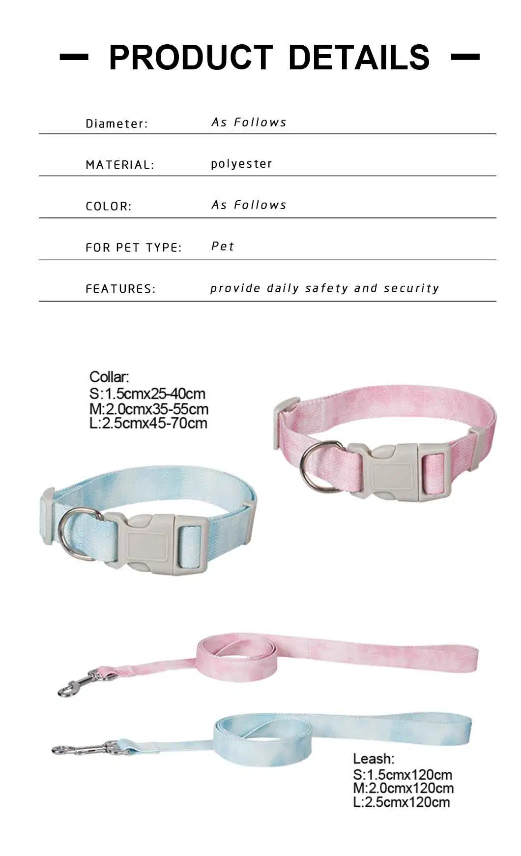 Rena Pet New Fashion Durable High Quality Full Size Gradient Color Adjustable Collar & Leash